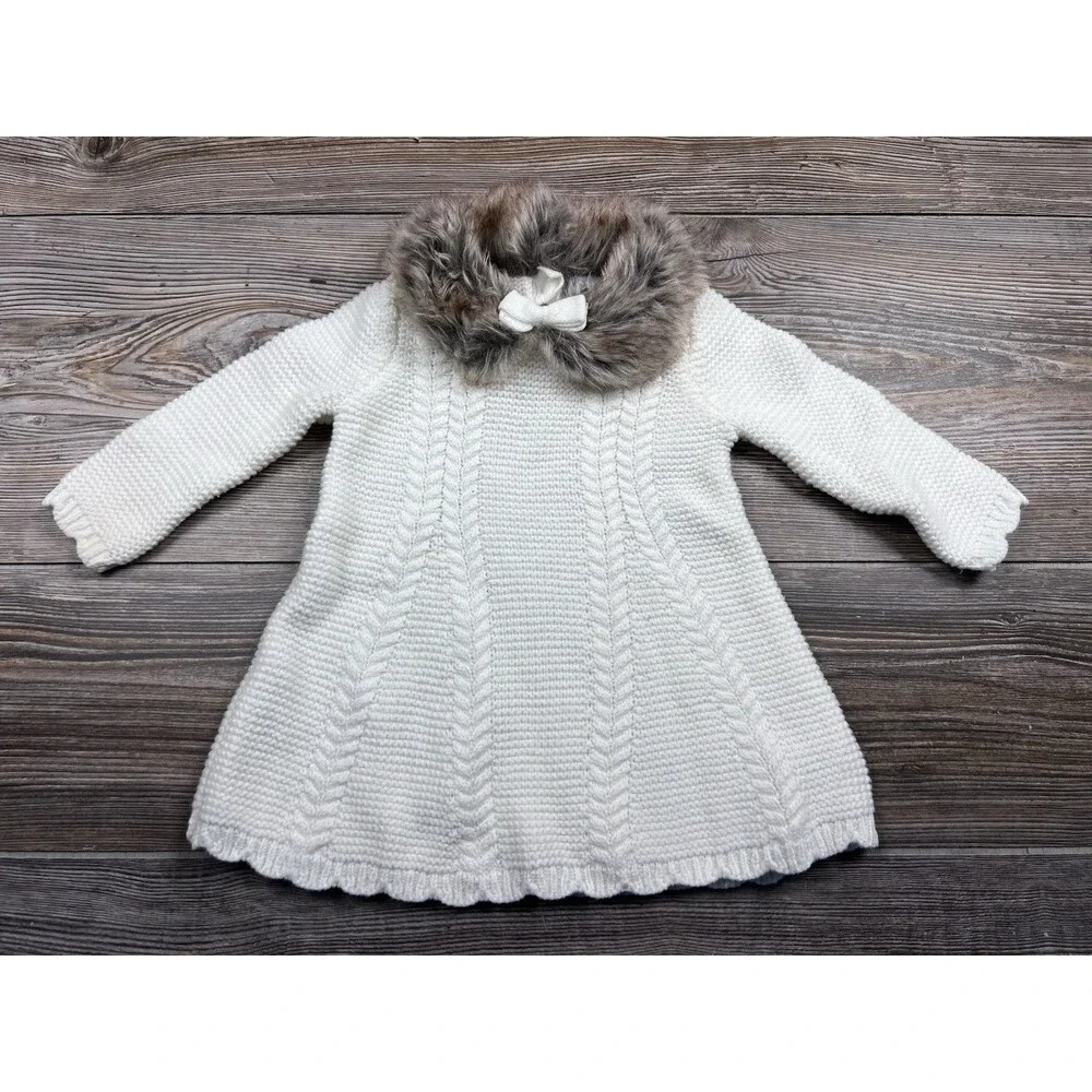 Tahari 3-6 M‎ White Knit Sweater Dress Faux Fur Collar Nordic Soft & Cozy Winter
